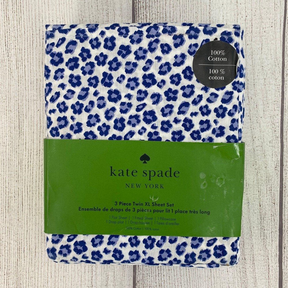 Kate Spade Sheet Set Twin XL Blue Leopard Cheetah Animal Print 100% Cotton Dorm